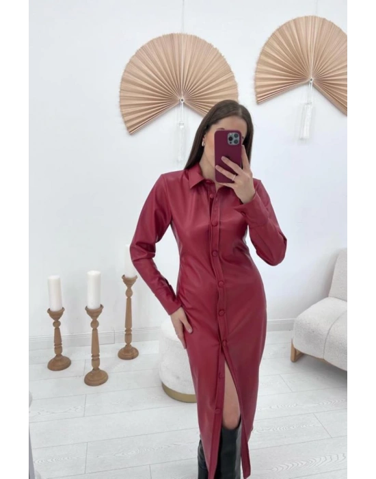 Kırmızı Boydan Düğmeli Deri Elbise