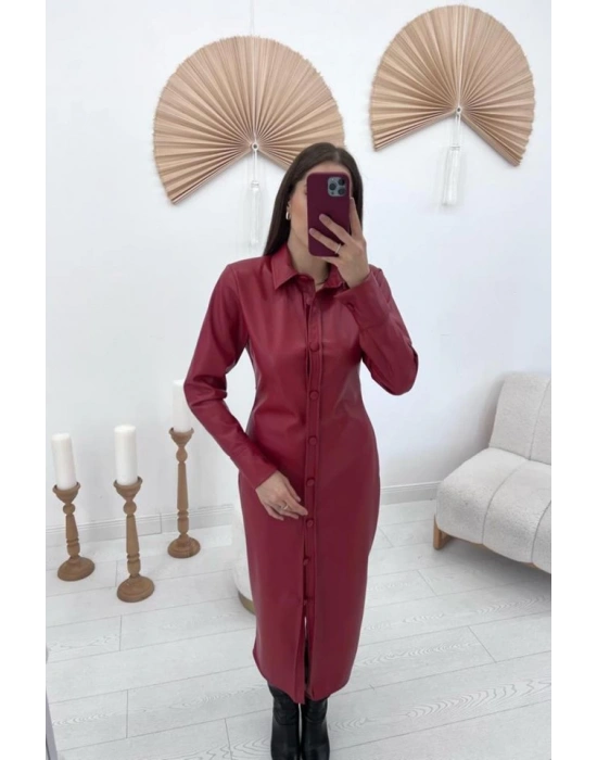 Kırmızı Boydan Düğmeli Deri Elbise