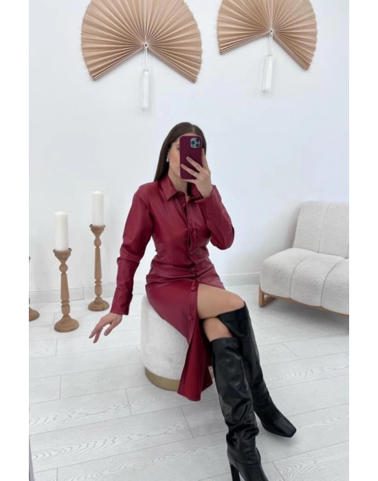 Kırmızı Boydan Düğmeli Deri Elbise