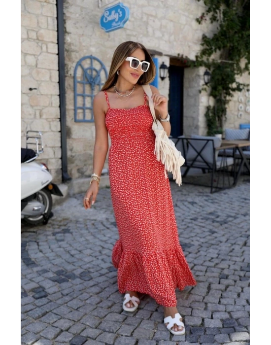 Kırmızı Eteği Fırfırlı Elbise