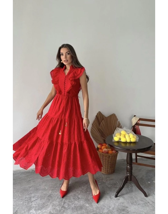 Kırmızı Fırfırlı Düğmeli Elbise