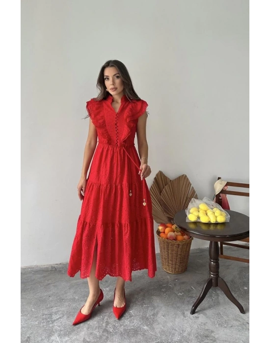 Kırmızı Fırfırlı Düğmeli Elbise