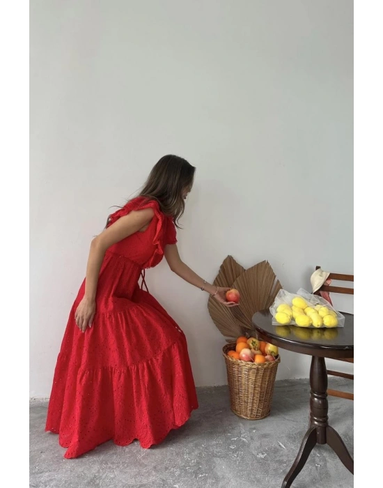 Kırmızı Fırfırlı Düğmeli Elbise