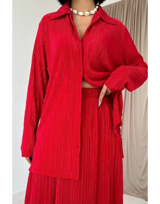 Kırmızı Fitilli Gömlek Ve Uzun Etek Takım