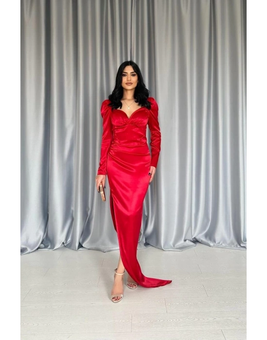 Kırmızı Göğsü Kuplu Yırtmaçlı Elbise