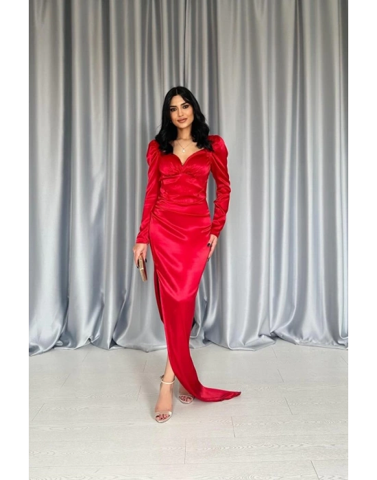 Kırmızı Göğsü Kuplu Yırtmaçlı Elbise