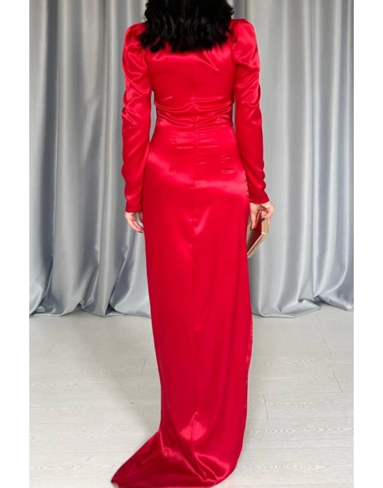 Kırmızı Göğsü Kuplu Yırtmaçlı Elbise