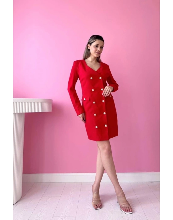 Kırmızı Gold Düğmeli Ceket Elbise