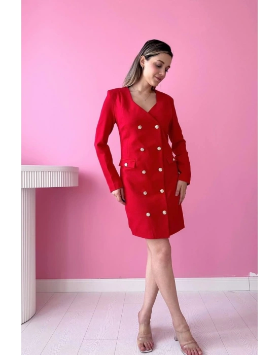 Kırmızı Gold Düğmeli Ceket Elbise
