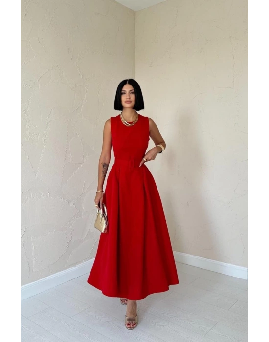 Kırmızı Halter Yaka Kloş Elbise