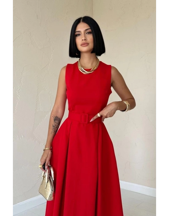Kırmızı Halter Yaka Kloş Elbise