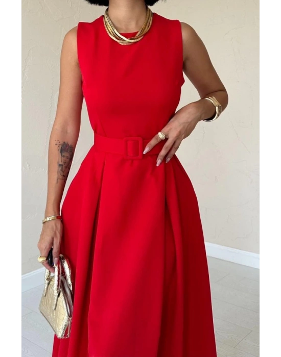 Kırmızı Halter Yaka Kloş Elbise