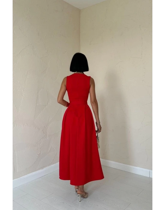 Kırmızı Halter Yaka Kloş Elbise