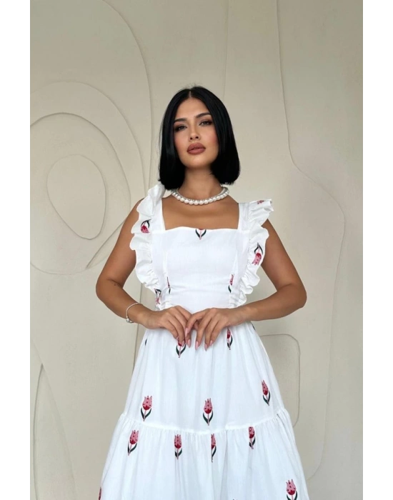 Kırmızı ıfır Kol Fırfırlı Elbise