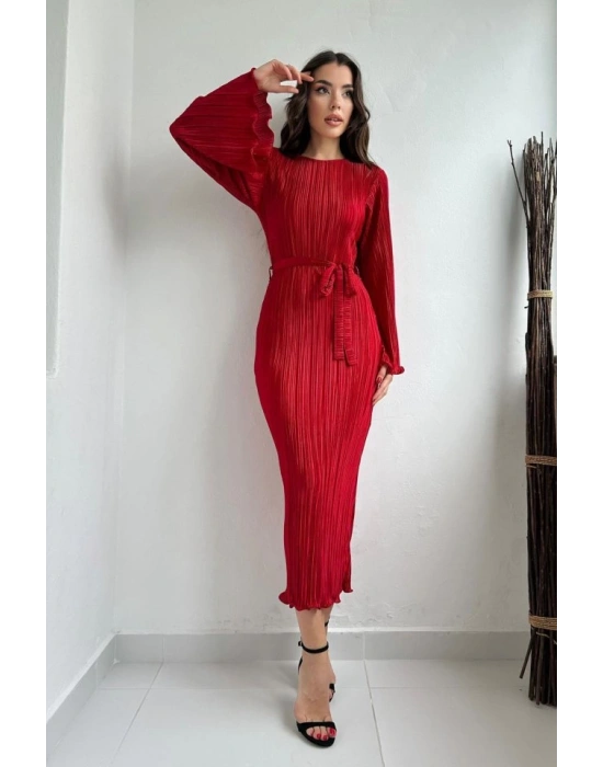 Kırmızı İspanyol Kol Piliseli Elbise