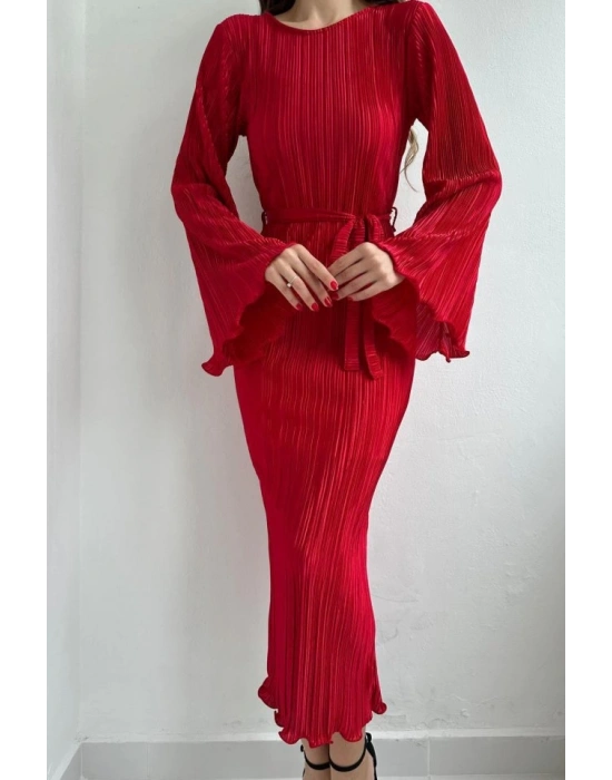 Kırmızı İspanyol Kol Piliseli Elbise