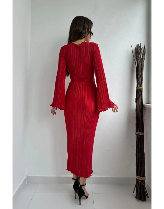 Kırmızı İspanyol Kol Piliseli Elbise