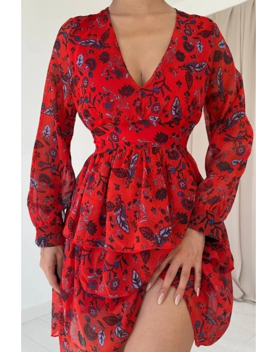 Kırmızı Kat Kat Şifon Elbise