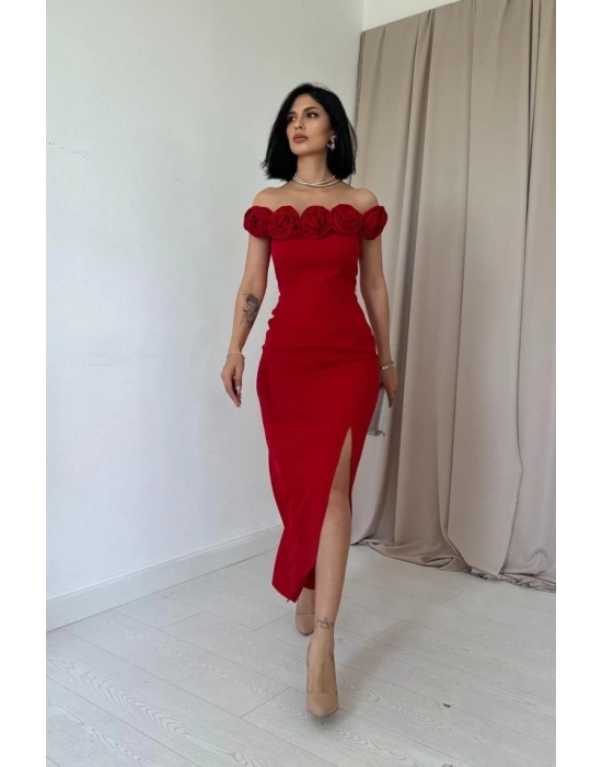 Kırmızı adonna Yaka Güllü Elbise