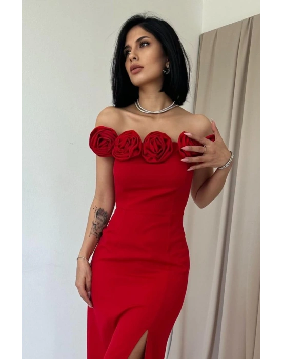 Kırmızı adonna Yaka Güllü Elbise