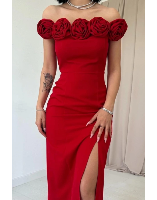 Kırmızı adonna Yaka Güllü Elbise