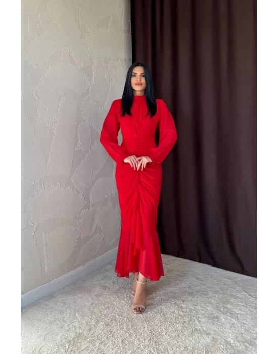 Kırmızı Önü Büzgülü Şifon Elbise