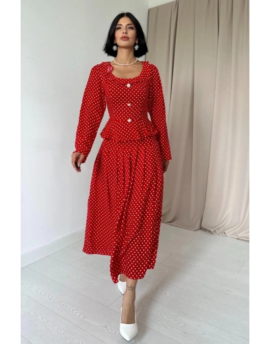 Kırmızı Puantiye Desenli Volanlı Elbise