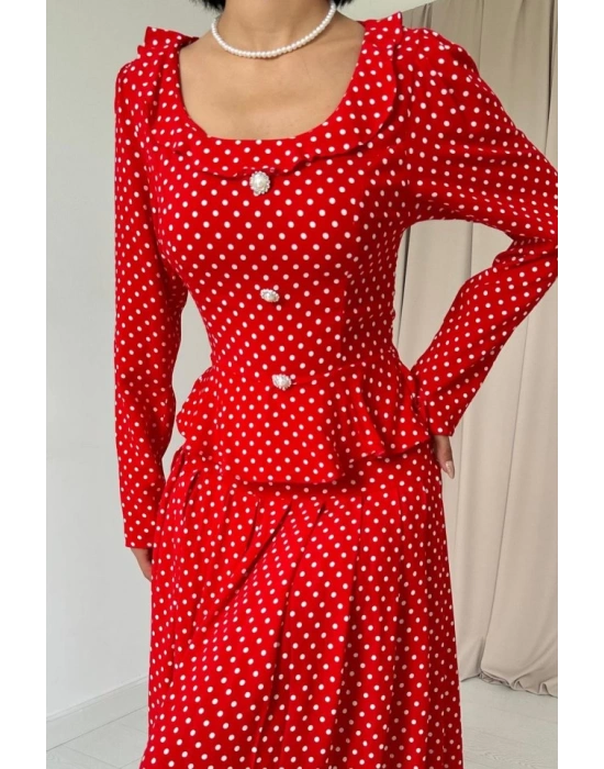 Kırmızı Puantiye Desenli Volanlı Elbise