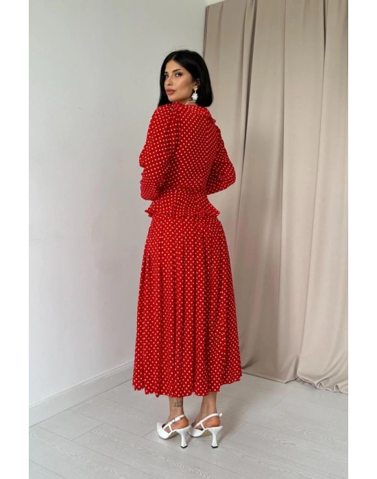 Kırmızı Puantiye Desenli Volanlı Elbise