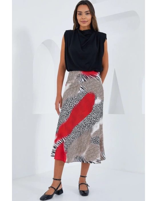 Kırmızı Siyah Desenli Saten Etek 15806
