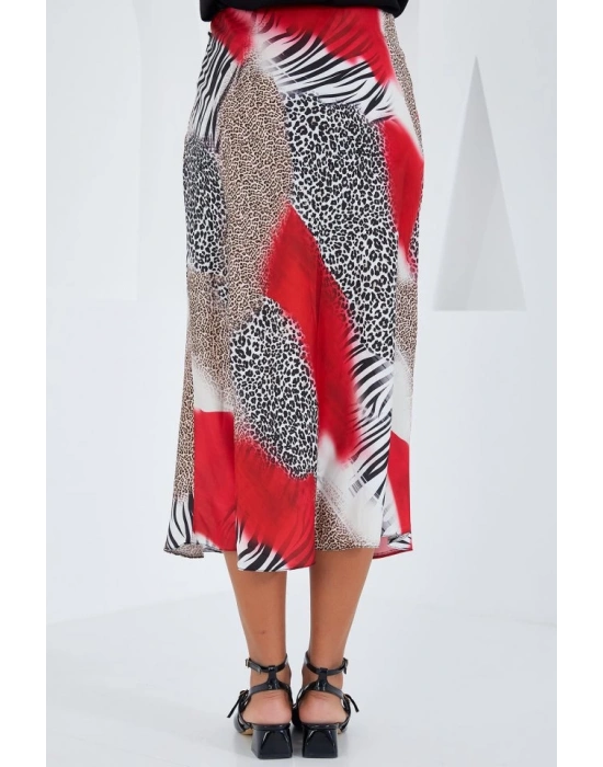 Kırmızı Siyah Desenli Saten Etek 15806