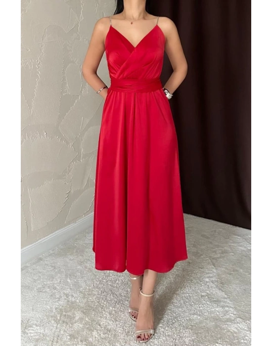 Kırmızı Taş Askılı Prenses Elbise