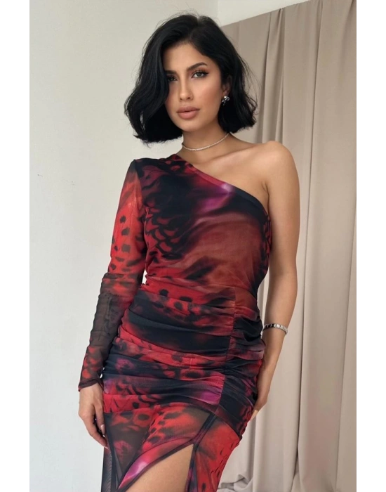 Kırmızı Tek Omuzlu Tül Elbise