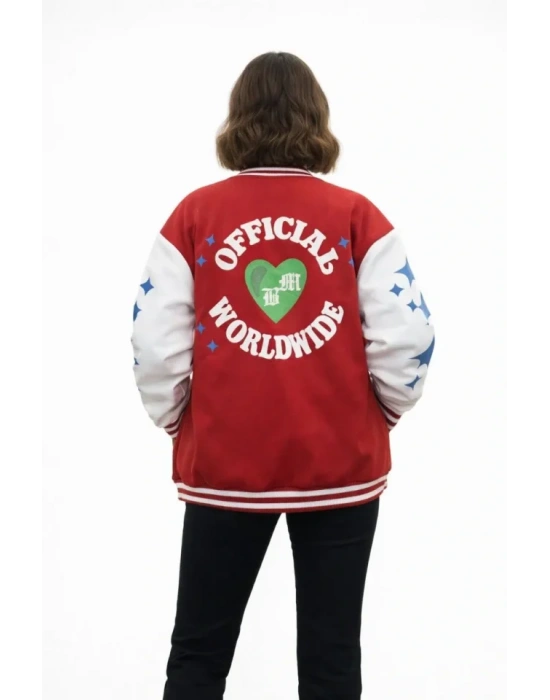 Kırmızı Varsity Çıtçıtlı Baskılı Oversize Kalıp Kolej Ceket  Kırmızı