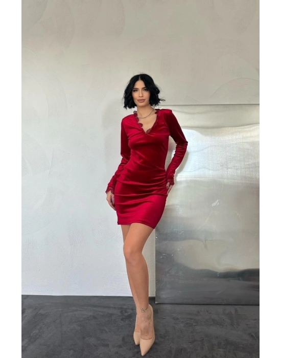 Kırmızı Yaka Ve Kol Dantelli Mini Elbise
