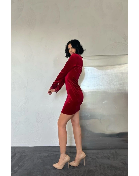 Kırmızı Yaka Ve Kol Dantelli Mini Elbise