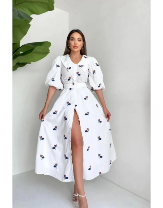 Kırmızı Yakası Çiçek otifli Kemerli Elbise