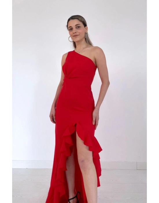 Kırmızı Yırtmaçlı Volanlı Elbise