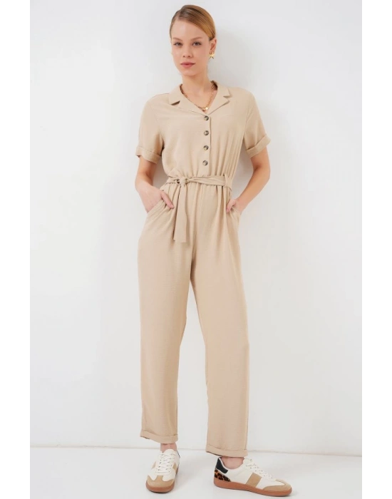 Kısa Kol Ayrobin Tulum 7030  Krem