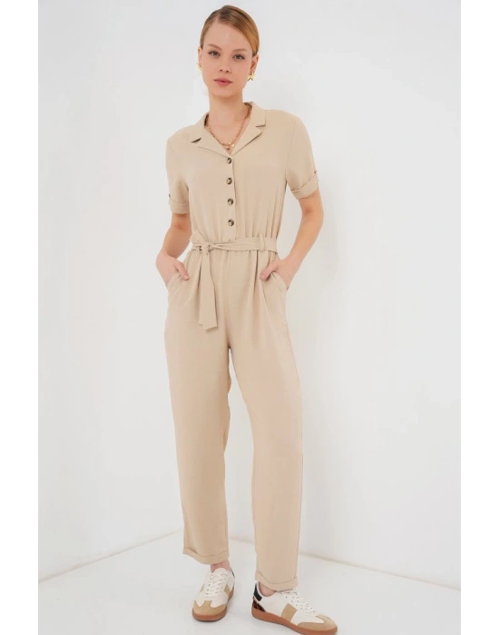 Kısa Kol Ayrobin Tulum 7030  Krem