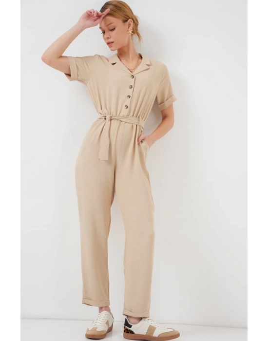 Kısa Kol Ayrobin Tulum 7030  Krem