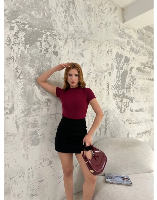 Kısa Kol Badi Bluz  Bordo