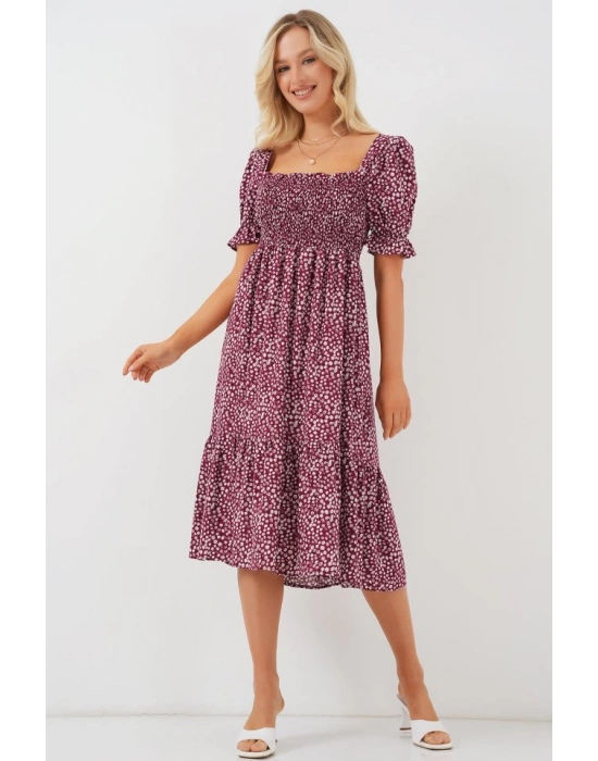 Kısa Kol Çiçekli Elbise 2556  Bordo