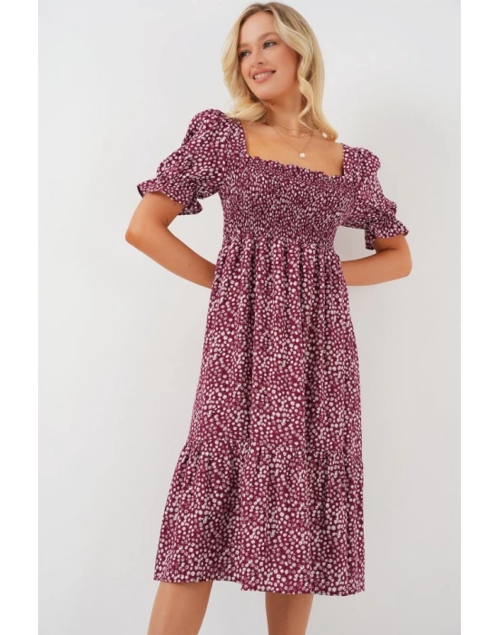 Kısa Kol Çiçekli Elbise 2556  Bordo