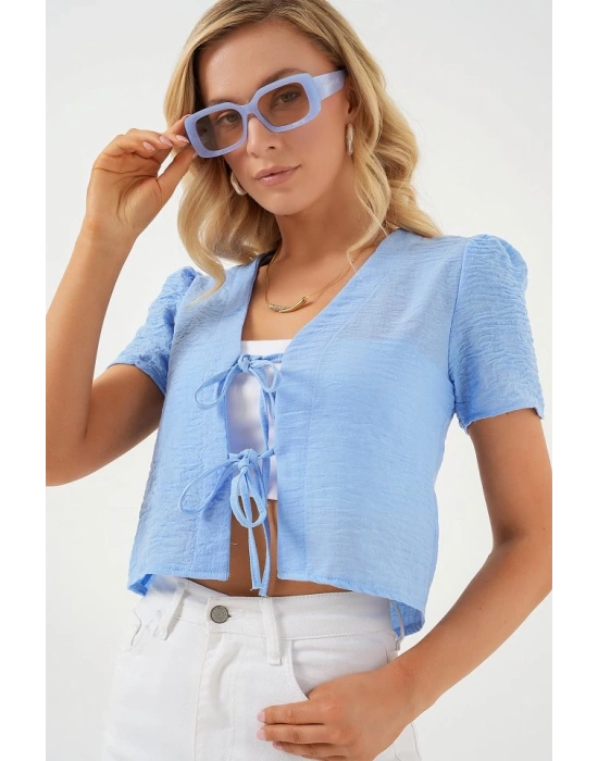 Kısa Kol Crop Bluz 958  Mavi