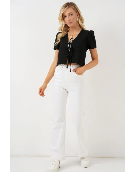 Kısa Kol Crop Bluz 958  Siyah