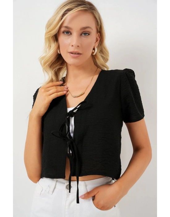Kısa Kol Crop Bluz 958  Siyah
