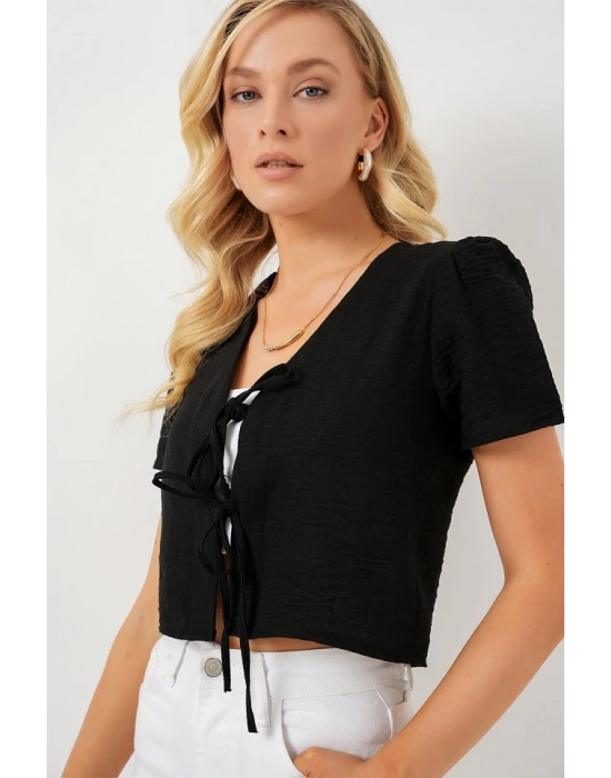 Kısa Kol Crop Bluz 958  Siyah