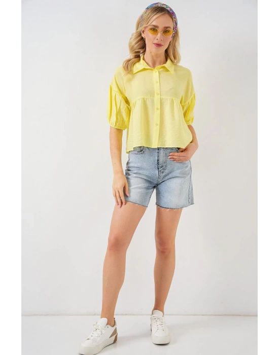 Kısa Kol Crop Gömlek 20335  Sarı