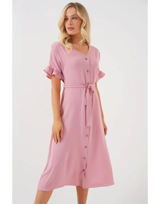 Kısa Kol Düğmeli Elbise 2555  Pudra